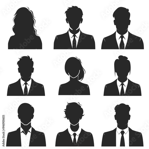 Silhouettes of men and women in professional attire, showcasing diverse hairstyles and genders.