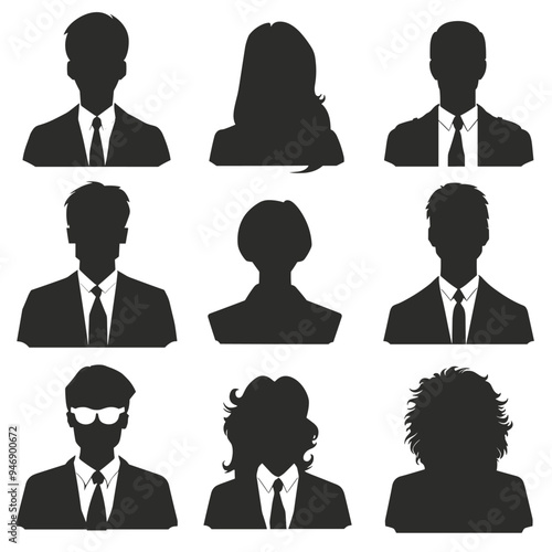 Silhouettes of men and women in business attire, showcasing various hairstyles and profiles.