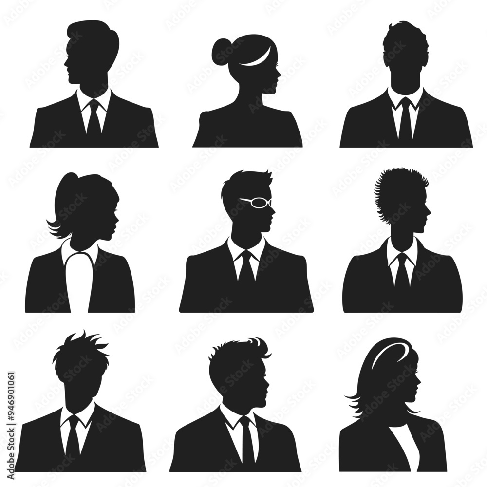 Silhouettes of diverse business professionals in various poses against a white background. Silhouettes of diverse business professionals in various poses against a white background.
