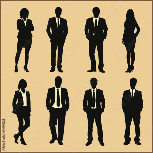 Silhouettes of male and female professionals in business attire standing against a beige background.