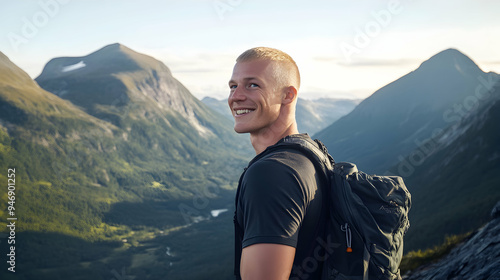 A happy man with short, blonde hair and a shaved head, standing on a mountain peak with a backpack, looking out over a breathtaking landscape