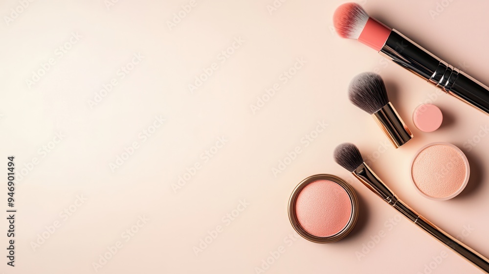 A simple arrangement showcases various cosmetic products, including lipstick, brushes, and powder, on a soft, light backdrop. Generative AI A simple arrangement showcases various cosmetic products, including lipstick, brushes, and powder, on a soft, light backdrop. Generative AI