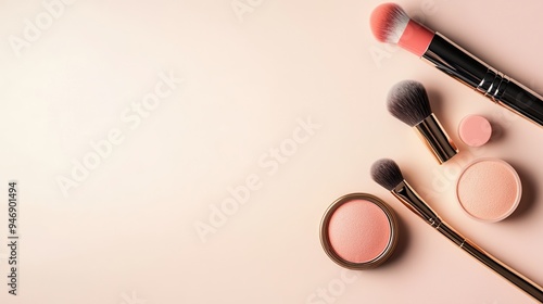 A simple arrangement showcases various cosmetic products, including lipstick, brushes, and powder, on a soft, light backdrop. Generative AI