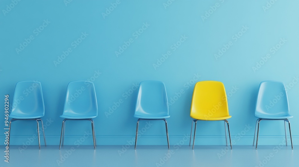 Yellow Chair in a Row of Blue Chairs Yellow Chair in a Row of Blue Chairs