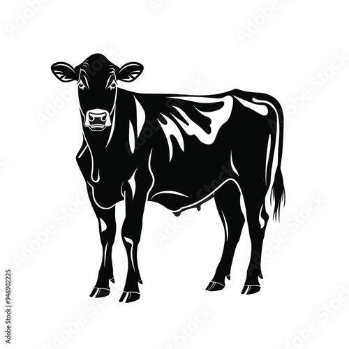 Black and white illustration of a standing cow facing forward on a plain white background.