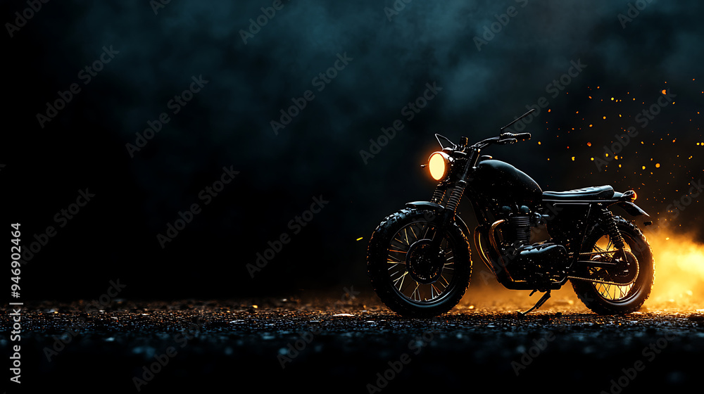 A black motorcycle stands on a dark road with sparks flying behind it. The headlight illuminates the scene. A black motorcycle stands on a dark road with sparks flying behind it. The headlight illuminates the scene.
