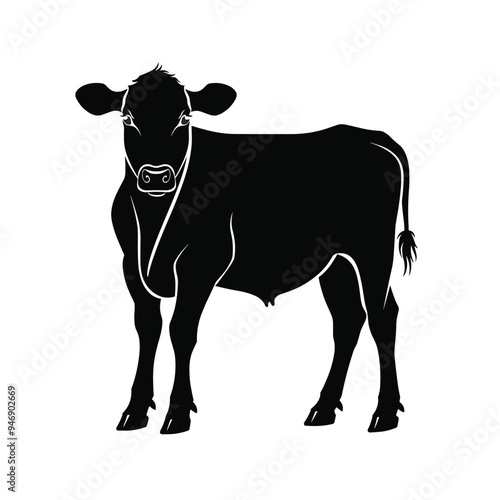 Silhouette of a cow standing on a white background, showcasing its strong build and calm demeanor.