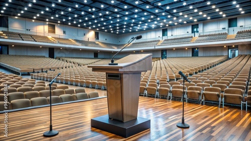 Elevated podium with microphone stands before a filled tribune of seats, awaiting speakers or performers in a modern, well-lit conference or event hall setting.
