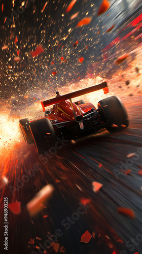 Red race car speeding on track with debris and fire flying in the air.