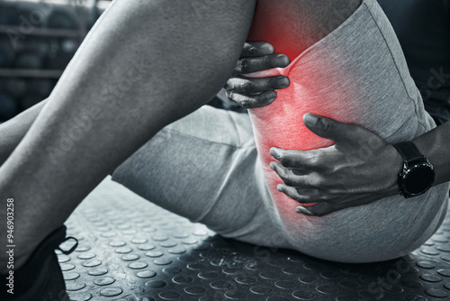Obraz na plátně Hand, person and thigh pain from fitness injury with overlay, exercise accident and hamstring risk of tendinitis