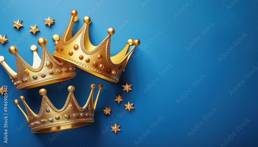 banner of Three gold crowns on blue background, symbol of Tres Reyes Magos ( Three Wise Men) who come bringing gifts for the kids on Epiphany or Dia de Reyes Magos, copy space