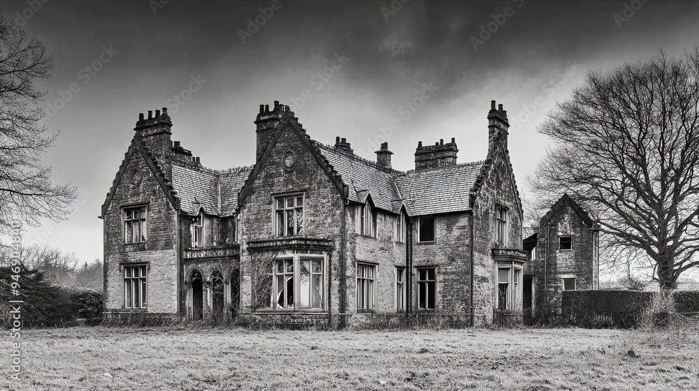 Obraz premium Elegance Amidst Ruins: A Derelict Mansion's Faded Grandeur Beckons Creative Design and Textual Canvas in the Realm of Stock Photography