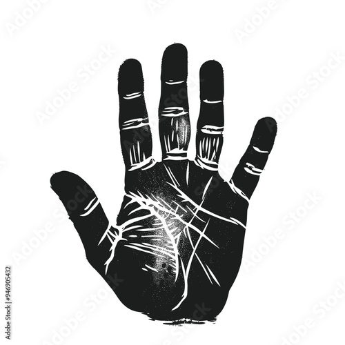 Black and white illustration of a detailed handprint with visible lines and textures.