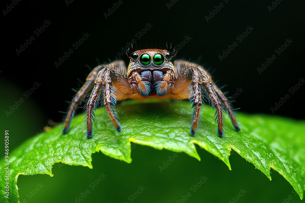 Spider perched on a leaf, captured in a macro photo that reveals the fine details of its legs and markings Spider perched on a leaf, captured in a macro photo that reveals the fine details of its legs and markings