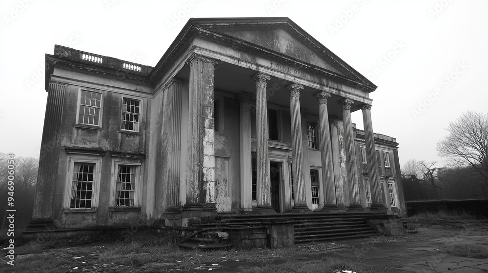 Elegance Amidst Ruins: A Derelict Mansion's Faded Grandeur Beckons Creative Design and Textual Canvas in the Realm of Stock Photography