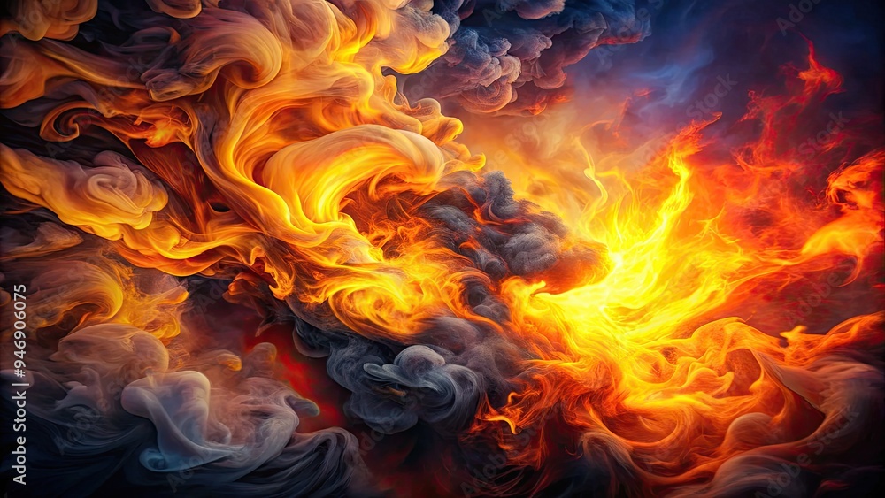 Flames engulf a dark background, billowing smoke clouds rising in a fiery swirl, with orange and yellow hues illuminating the intense, abstract inferno. Flames engulf a dark background, billowing smoke clouds rising in a fiery swirl, with orange and yellow hues illuminating the intense, abstract inferno.