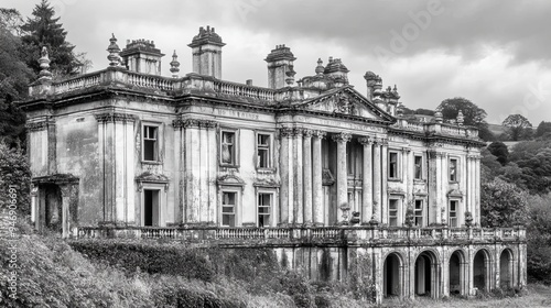 Elegance Amidst Ruins: A Derelict Mansion's Faded Grandeur Beckons Creative Design and Textual Canvas in the Realm of Stock Photography