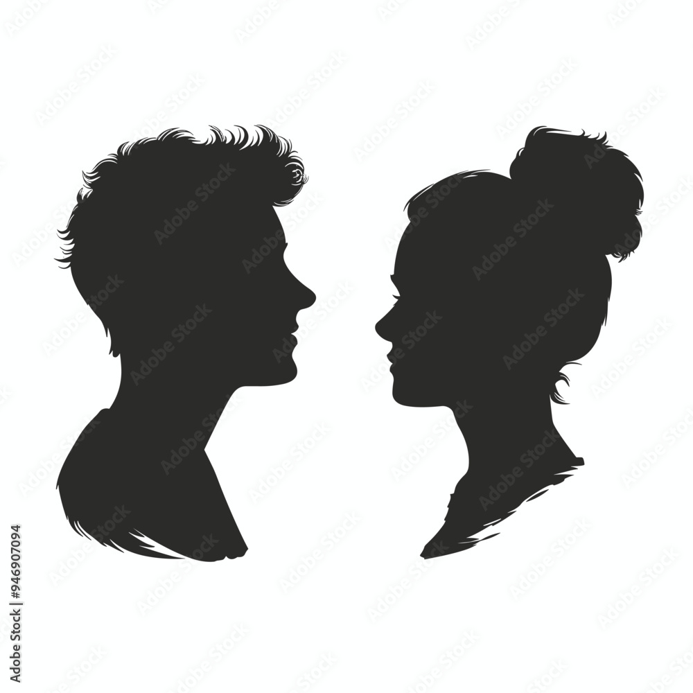 Fototapeta premium Silhouettes of a young man and woman facing each other on a plain white background.