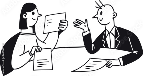 Business team discussing project. Black and white doodle art. Vector flat illustration