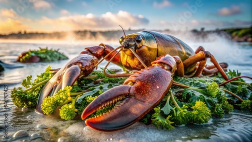 Freshly caught massive Maine lobster, claws tied, lies on ice, surrounded by seaweed, with a subtle ocean mist in the background, awaiting its culinary fate. photo