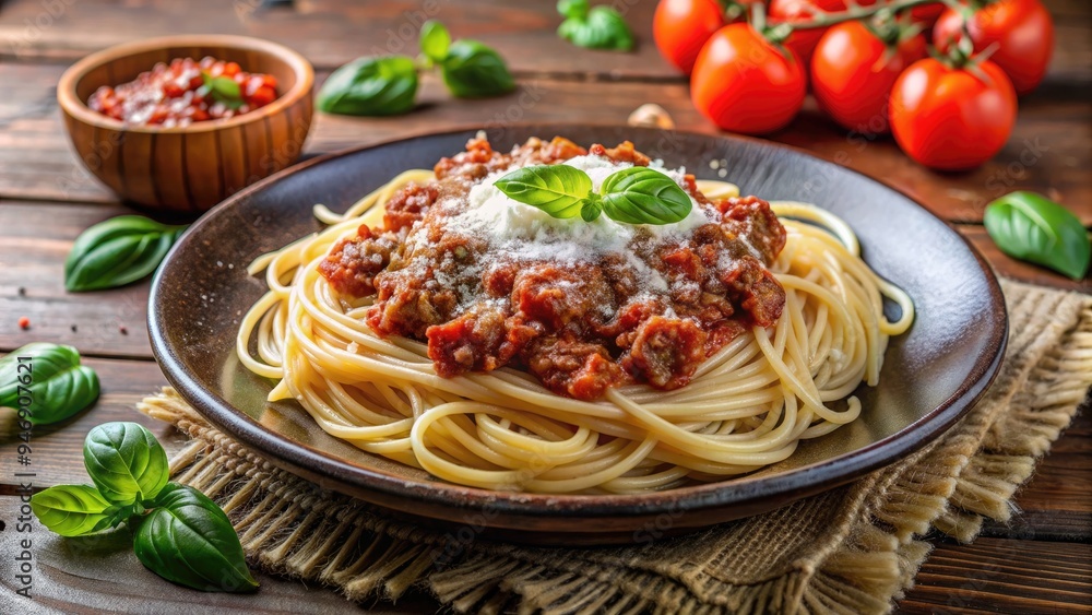 Freshly cooked spaghetti Bolognese with ground beef and tomato sauce, garnished with parmesan cheese and basil, served in a classic ceramic plate. Freshly cooked spaghetti Bolognese with ground beef and tomato sauce, garnished with parmesan cheese and basil, served in a classic ceramic plate.