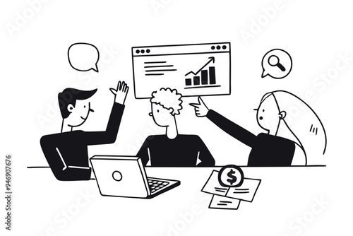 Business team discussing project. Black and white doodle art. Vector flat illustration