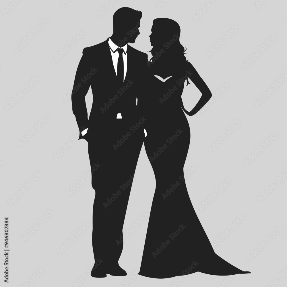custom made wallpaper toronto digitalSilhouettes of a man in a suit and a woman in an elegant gown standing together, portraying a formal and romantic atmosphere.