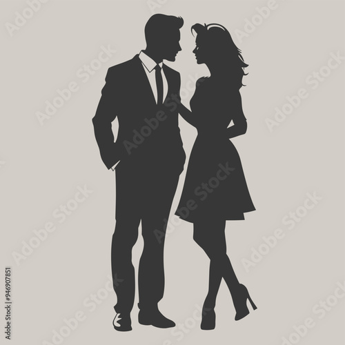 Silhouette of a couple standing closely, dressed elegantly.
