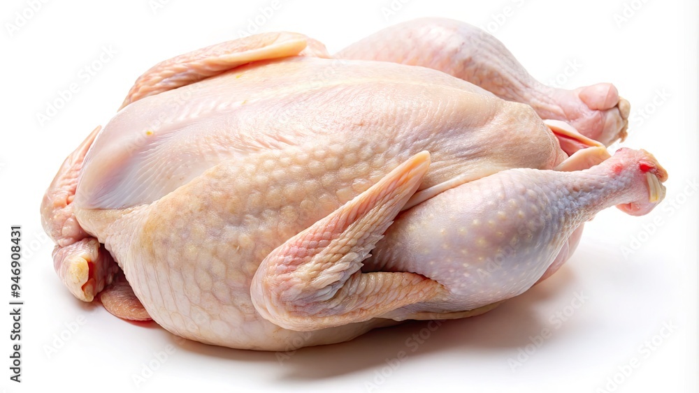 Freshly plucked whole raw chicken isolated on white background, showcasing detailed feathers, pinkish-white skin, and tender meat, perfect for culinary and food-related uses. Freshly plucked whole raw chicken isolated on white background, showcasing detailed feathers, pinkish-white skin, and tender meat, perfect for culinary and food-related uses.