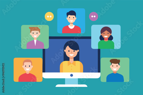 People meeting online via video conference flat illustration. Cartoon group of colleagues on virtual collective chat