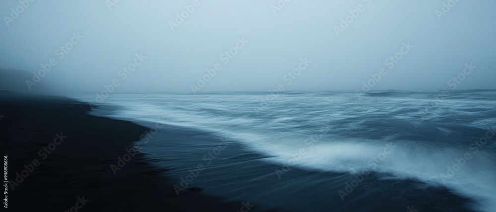 Black Sand Beach with Blurry Waves in Fog Black Sand Beach with Blurry Waves in Fog