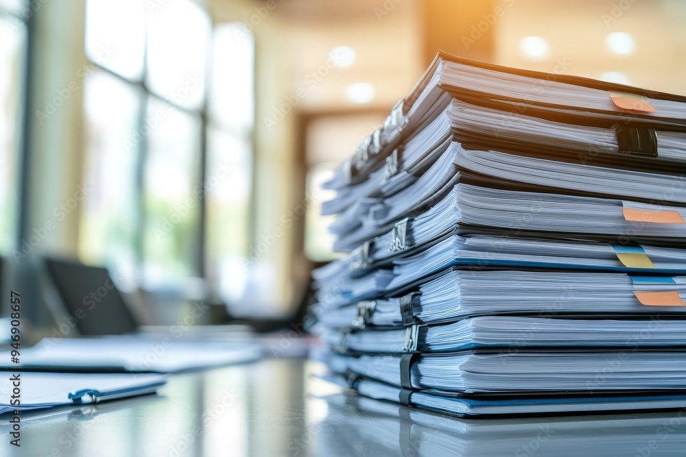 A stack of papers sits on a desk. The stack of papers can be used to illustrate paperwork, bureaucracy, or administration. A stack of papers sits on a desk. The stack of papers can be used to illustrate paperwork, bureaucracy, or administration.