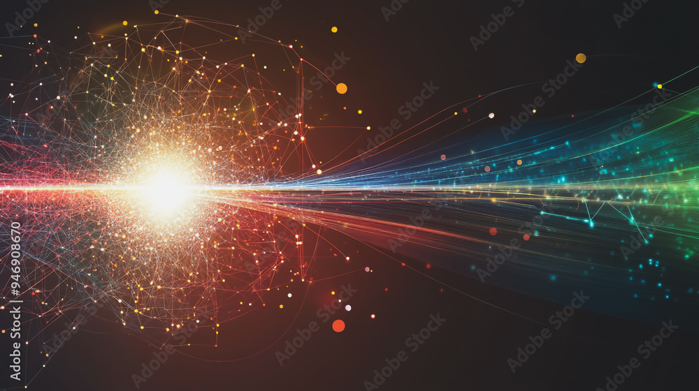 Fototapeta premium Abstract light explosion and network points, dot, earth's surface, digital background Innovation network points Earth's surface wave background digital wave information technology background