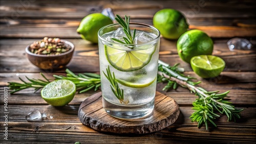 Freshly shaken cocktail with gin, lime juice, and soda water, garnished with a sprig of rosemary and a slice of lime, on a rustic wooden table.