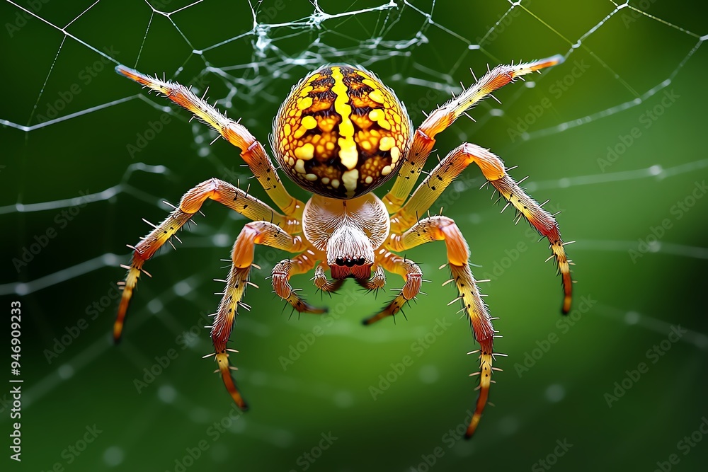 Spider resting in the center of its web, captured in a photo that shows the spider's dominance and control over its domain Spider resting in the center of its web, captured in a photo that shows the spider's dominance and control over its domain