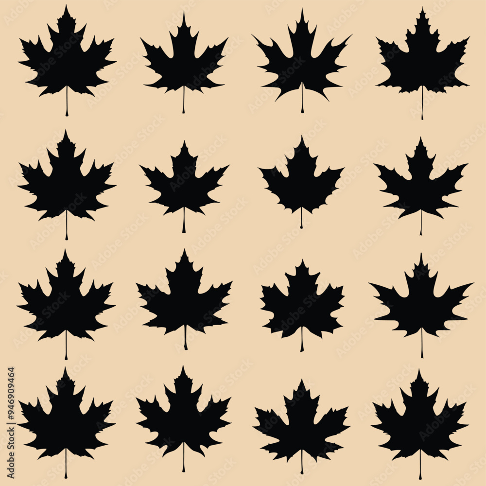 Pattern of black maple leaf silhouettes on a beige background. Pattern of black maple leaf silhouettes on a beige background.