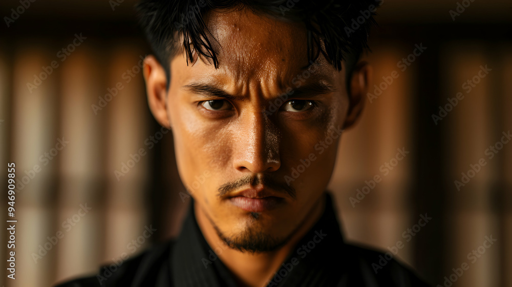 Fototapeta premium Man Practicing Martial Arts Man With Mahogany