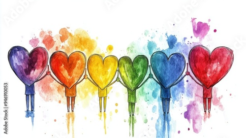 People with colorful hearts on white background. Equality concept, zero discrimination day, LGBT minorities