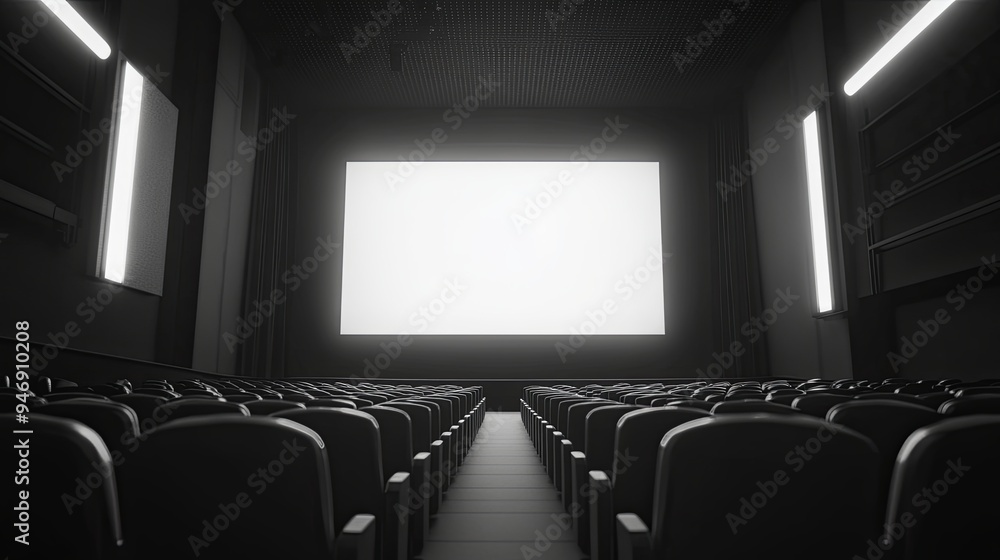 Obraz premium Elegant Silence: The Hushed Cinema Hall, Blank Screen and Empty Seats, A Blank Canvas for Creative Messaging and Branding in Stock Photography Style