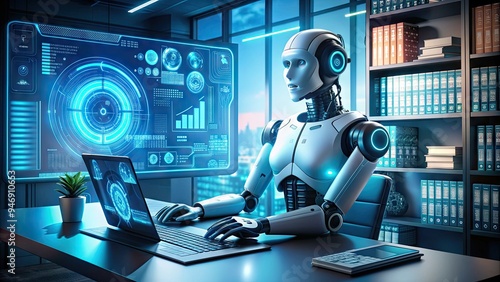 Futuristic robot assistant with glowing blue circuitry and screens displays conversational dialogue on a sleek modern desktop, surrounded by coding books and futuristic gadgets. photo