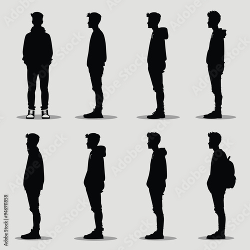 Silhouettes of a young man in various standing poses against a light background.