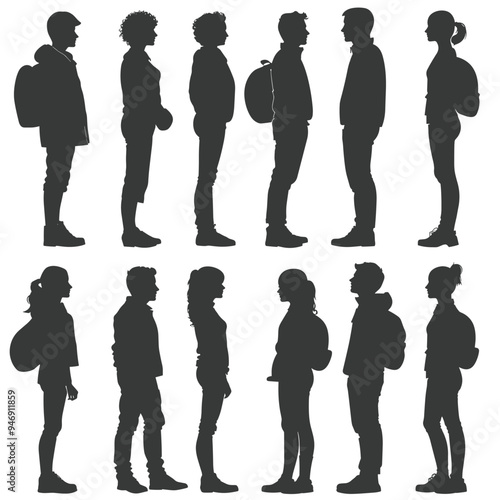 Silhouettes of diverse men and women with backpacks standing in profile against a white background.