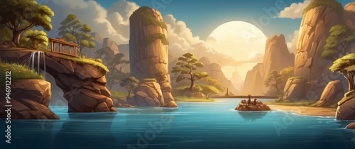 A Tranquil Lake Surrounded by Majestic Cliffs and Lush Greenery