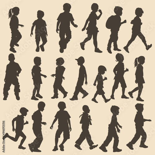 Silhouettes of children walking and playing, captured in various poses against a beige background. photo