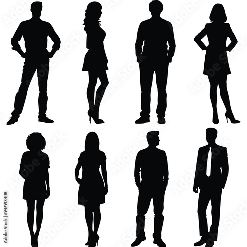Silhouettes of diverse men and women standing in various poses against a white background.