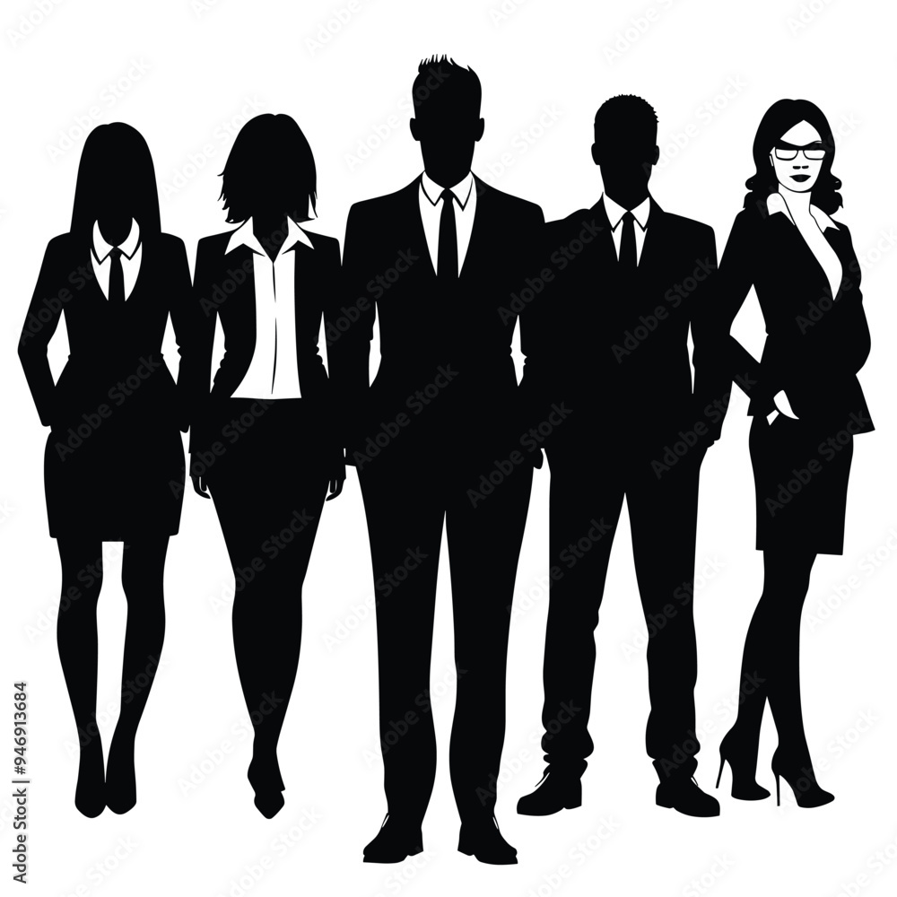 Silhouettes of a diverse group of business professionals in formal attire, standing confidently. Silhouettes of a diverse group of business professionals in formal attire, standing confidently.