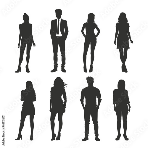 Silhouettes of diverse men and women standing in various poses against a white background.