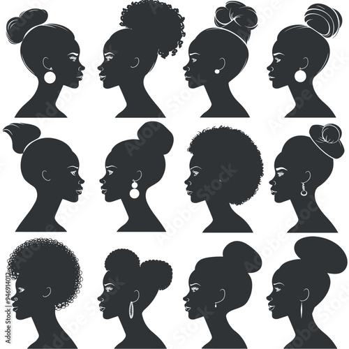 Silhouettes of African American women with diverse hairstyles, earrings, and headpieces.