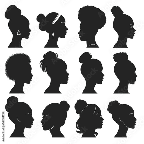 Silhouettes of diverse African American female profiles showcasing various hairstyles in side view.
