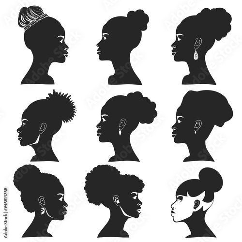 Silhouettes of African American women with various hairstyles, including buns, puffs, and afros, showcasing diverse beauty and fashion.